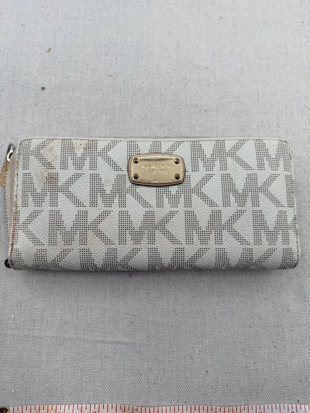 Michael Kors Cream and Gold MK Logo Zip Wallet